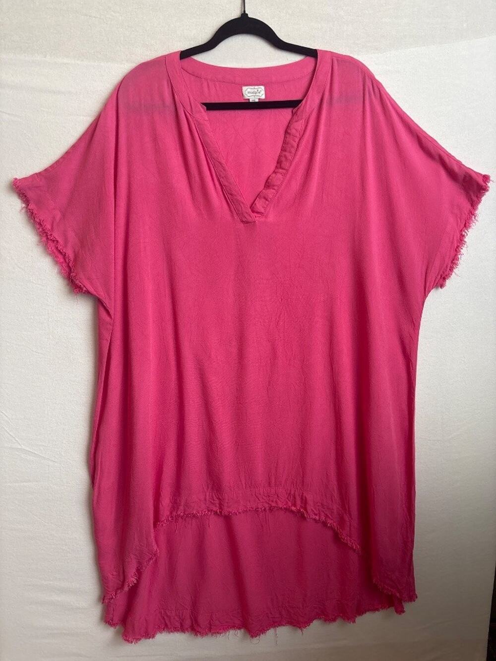 Mud Pie Beach Cover-Up Dress Hot Pink One Size Frayed Boho Tunic Kaftan